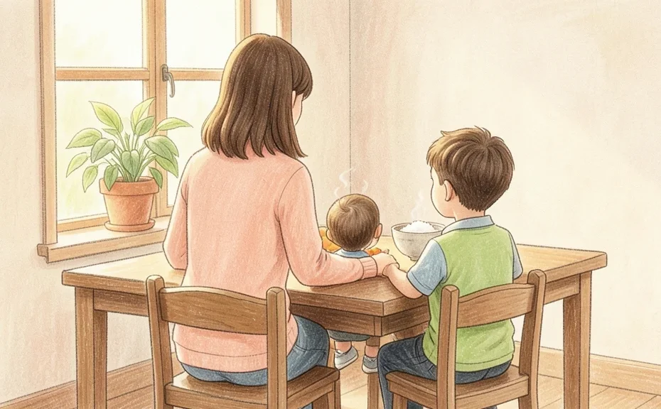 朝の食卓に並んで座る母親と年の違う2人の子どもの後ろ姿の演出イメージ
