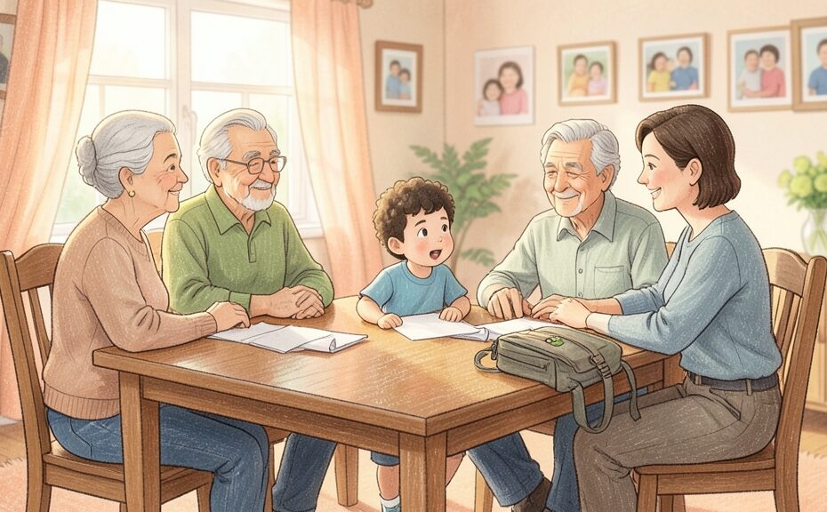 祖父母と保護者が食卓で子どもの進学準備について話し合う場面