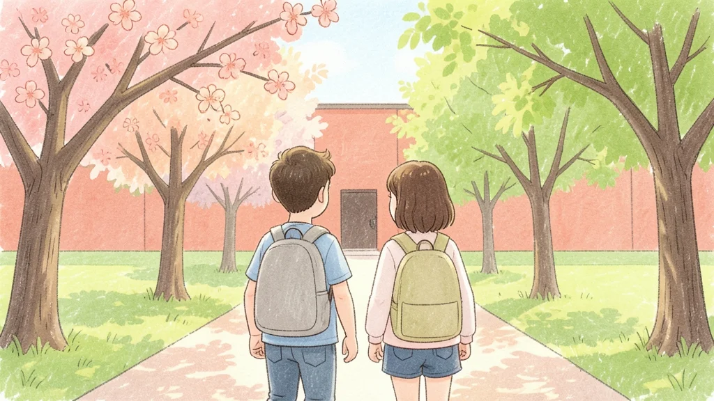 桜と新緑の並木道を、リュックを背負って校舎へ向かう二人の子どもの後ろ姿を描いた教育費の演出イメージ
