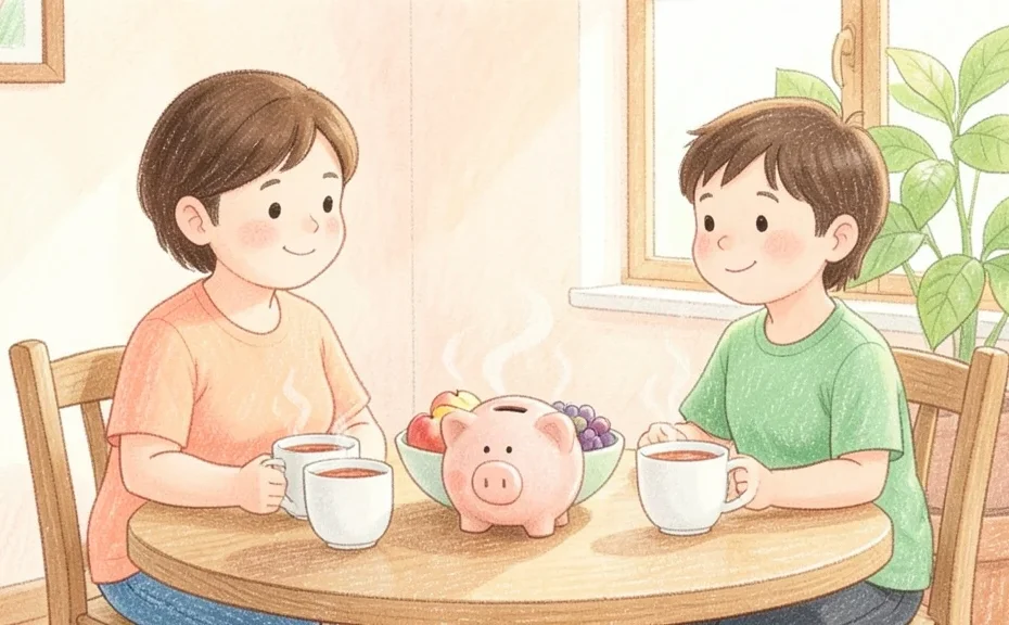 食卓でお茶を飲みながら豚の貯金箱を囲んで話す親子の演出イメージ