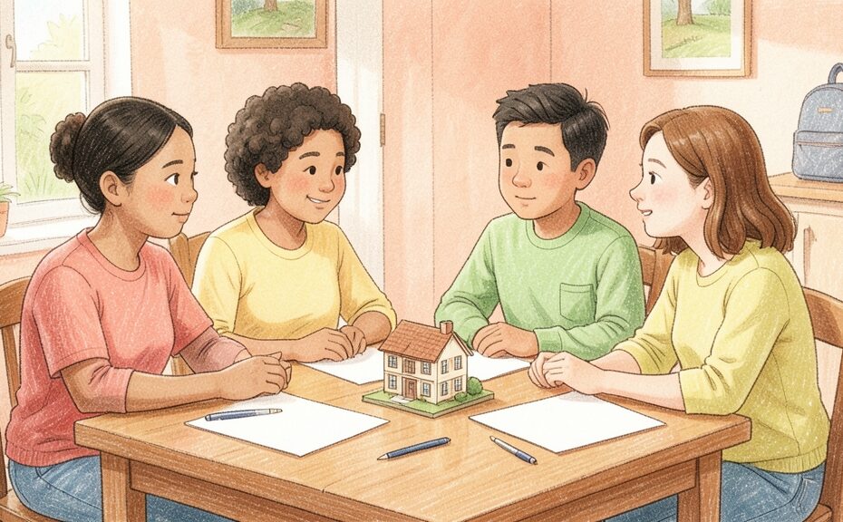 住宅購入の資金計画について食卓で話し合う親世代と子世代