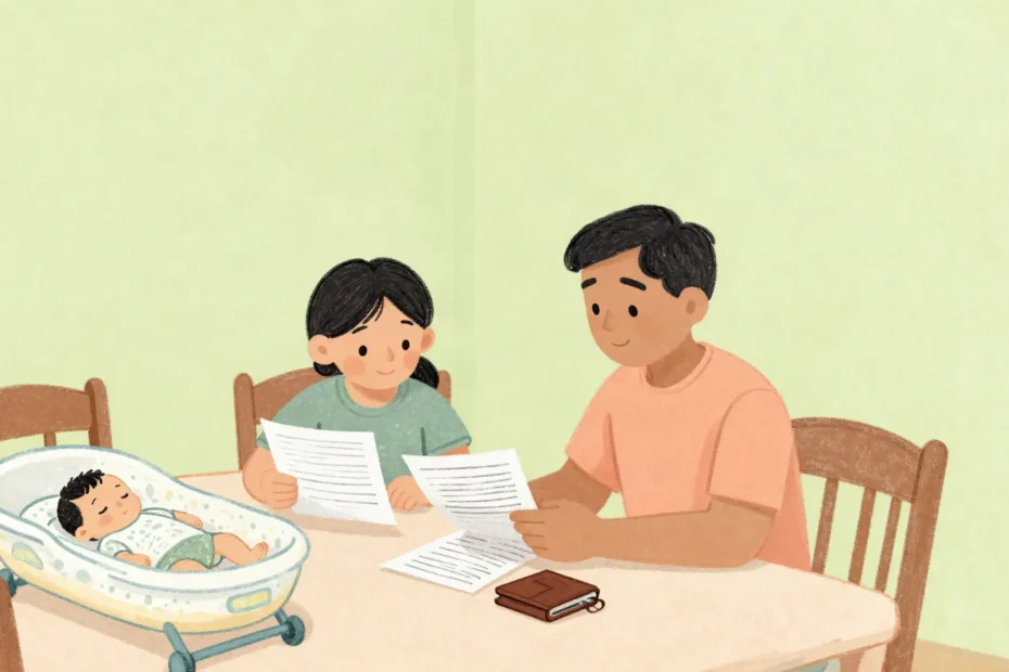 赤ちゃんのそばで育休中の家計を話し合う家族