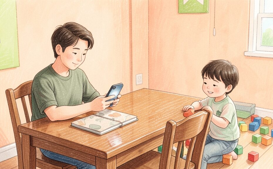 子どもが遊ぶそばで児童手当の入金予定を確認する保護者