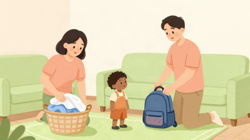 洗濯と通園・通学の準備を分担する二人の親