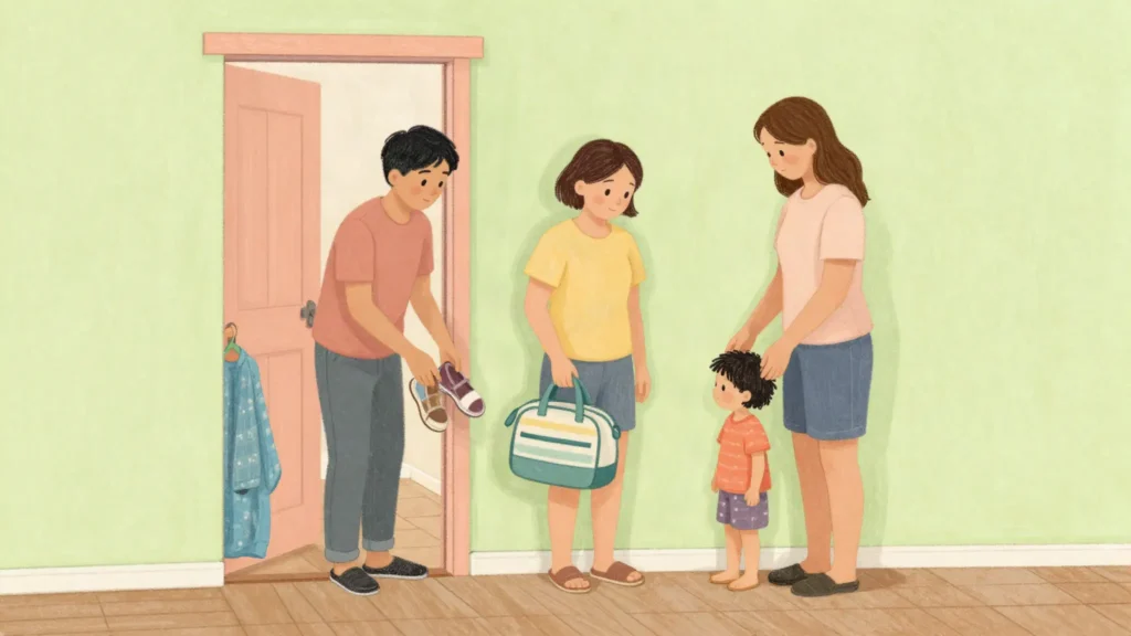 翌朝の送迎に向けて子どもの持ち物を準備する家族